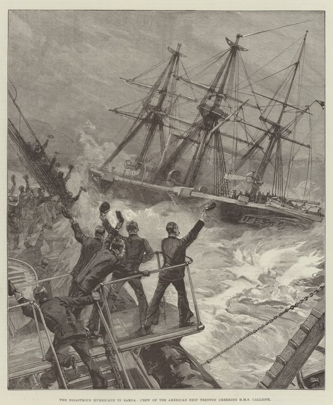 Katastrofální hurikán na Samoe, posádka americké lodi Trenton povzbuzuje HMS Calliope od William Heysham Overend