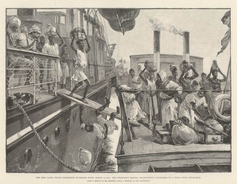 Expedice Emin Paša v Banana Point, 18. března 1887, parník Madura převáží cestující na parník na řece Kongo od William Heysham Overend