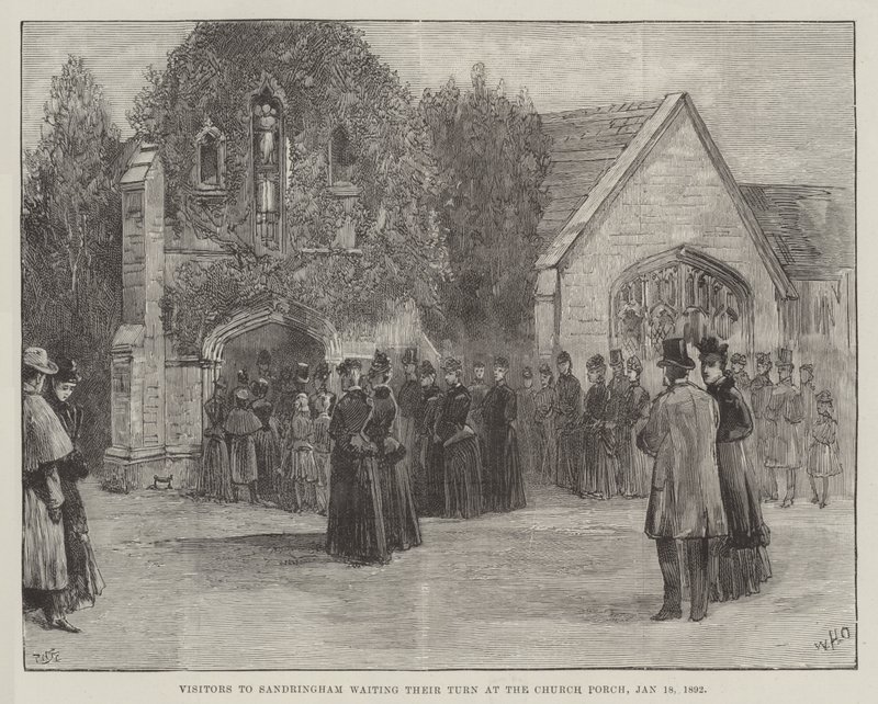 Pohřeb zesnulého vévody z Clarence a Avondale, návštěvníci Sandringhamu čekající na své vystřídání na verandě kostela, 18. ledna 1892 od William Heysham Overend
