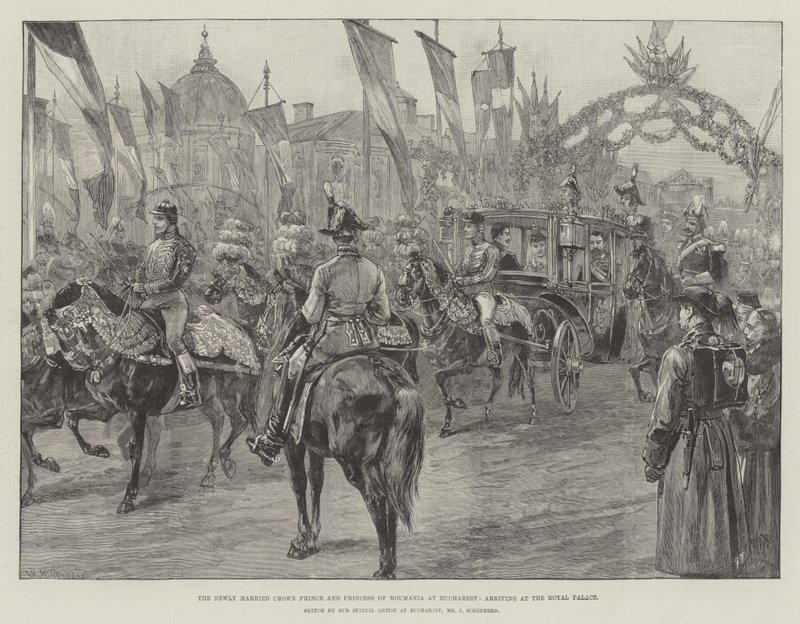 Čerstvě ženatý korunní princ a princezna Rumunska v Bukurešti, přijíždějící do královského paláce od William Heysham Overend