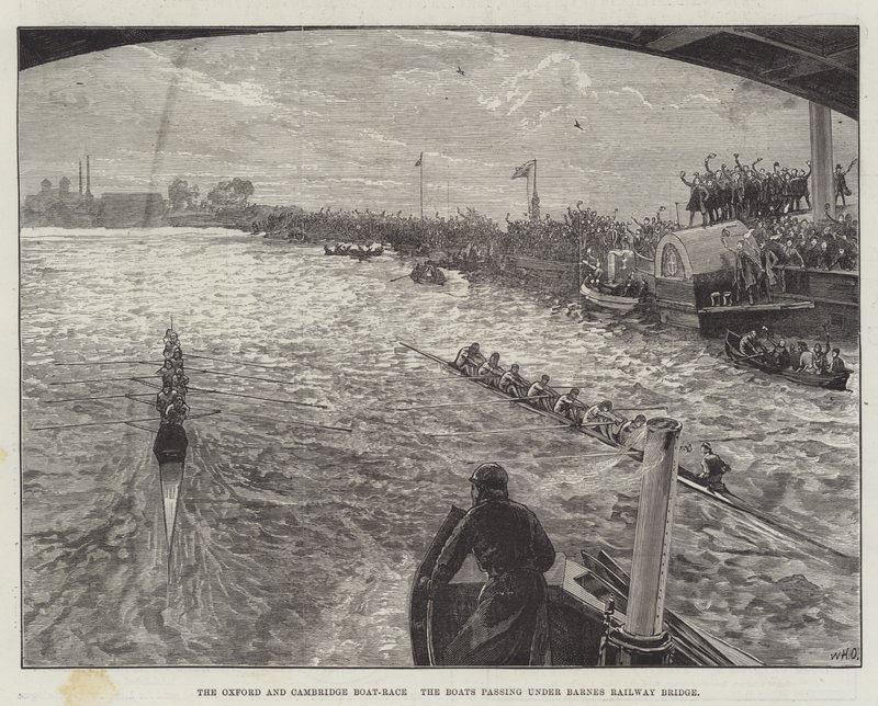 Oxford a Cambridge Boat-Race, lodě proplouvající pod železničním mostem Barnes od William Heysham Overend