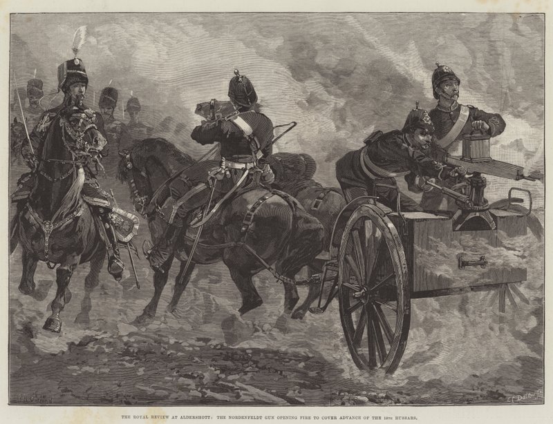 Royal Review na Aldershot, Nordenfelt Gun zahajující palbu, aby pokryl postup 10. husarů od William Heysham Overend
