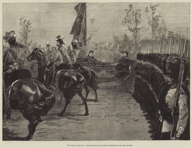 The Royal Review, brigáda stráží pochodující kolem královny od William Heysham Overend