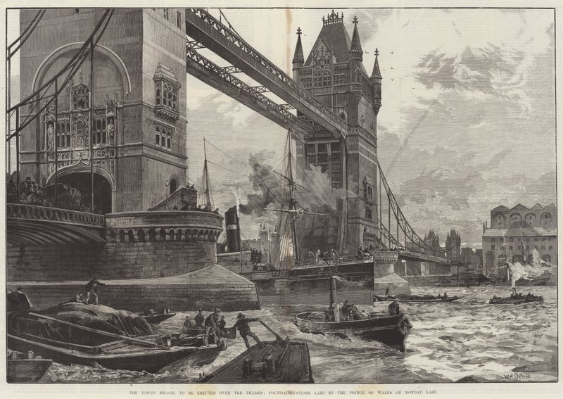 Základní kámen Tower Bridge, který má být postaven přes Temži, položil princ z Walesu v pondělí. od William Heysham Overend