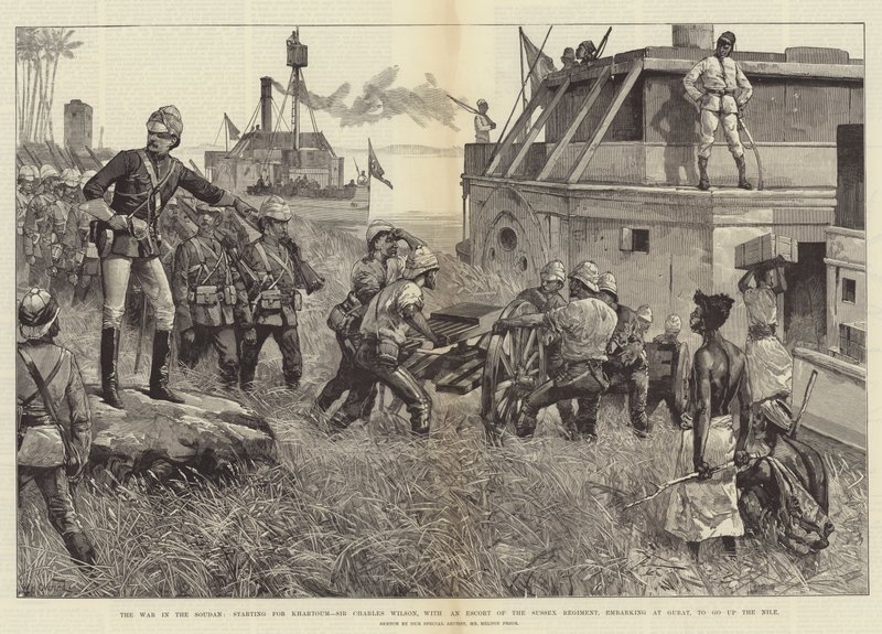 Válka v Súdanu, začínající v Chartúmu, Sir Charles Wilson s eskortou Sussexského pluku, nalodění v Gubatu, aby jeli proti Nilu od William Heysham Overend