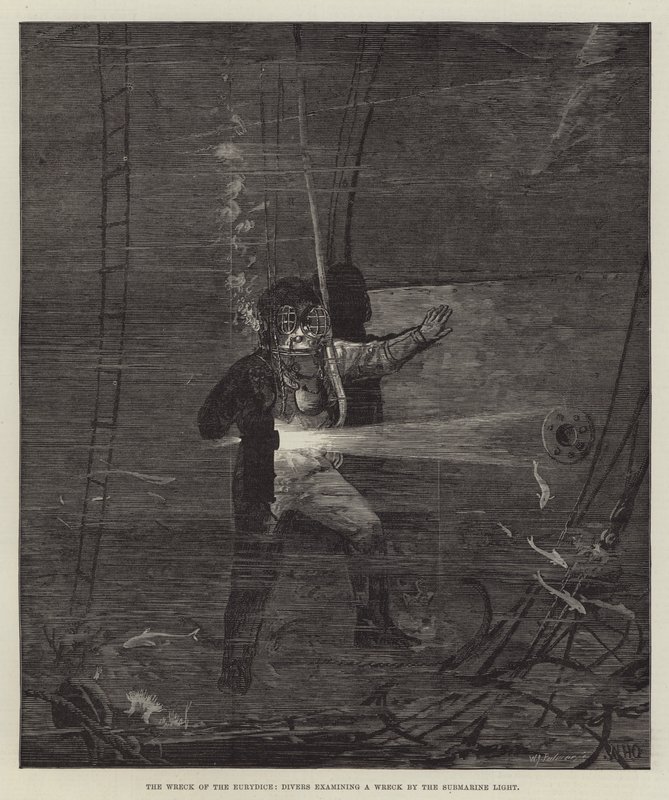 The Wreck of the Eurydice, Divers zkoumající vrak ponorkou Light od William Heysham Overend