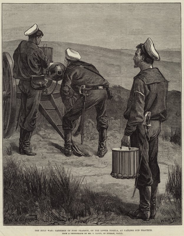 Válka Zuluů, posádka Fort Pearson, na Dolním Tugele, v Gatling Gun Practice od William Heysham Overend