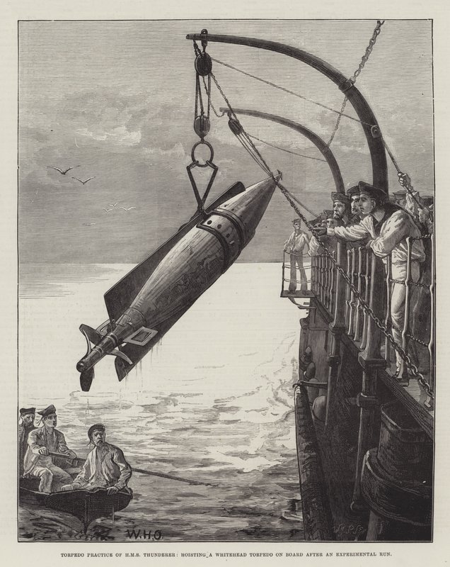 Cvičení torpéda HMS Thunderer, zvedání torpéda Whitehead na palubě po experimentálním běhu od William Heysham Overend
