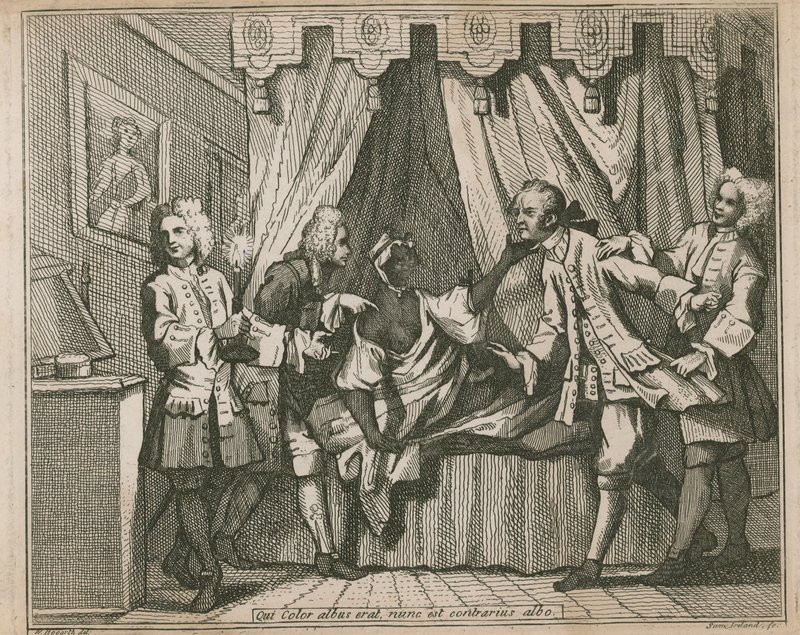 Ten, kdo byl nyní bílé barvy, je opakem bílé; Čtyři muži konfrontují černošku v její ložnici od William Hogarth