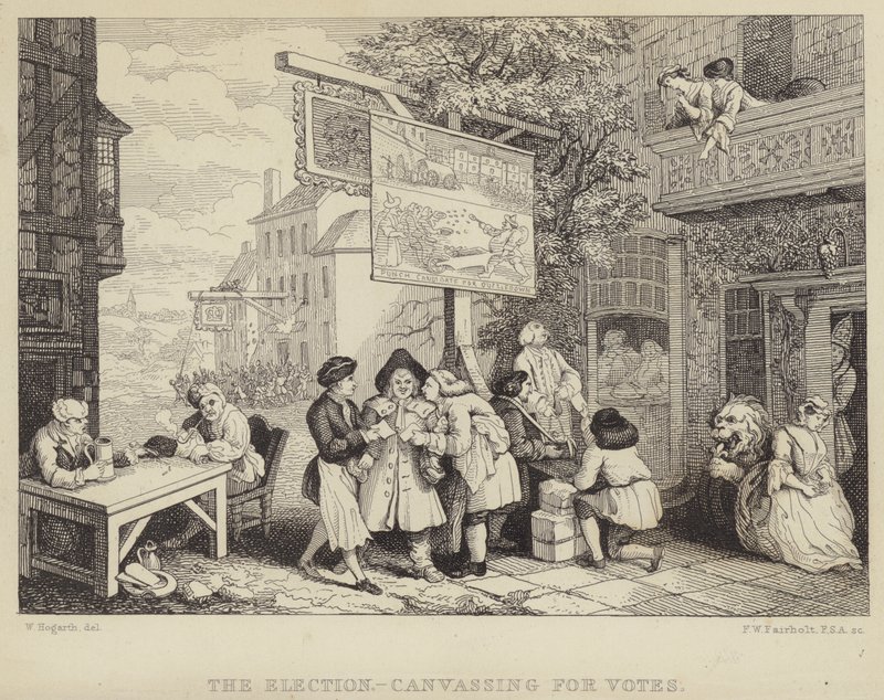 Volby – agitace o hlasy: satira na parlamentní volby v roce 1755, jedna ze série čtyř s názvem Humours of an Election od William Hogarth