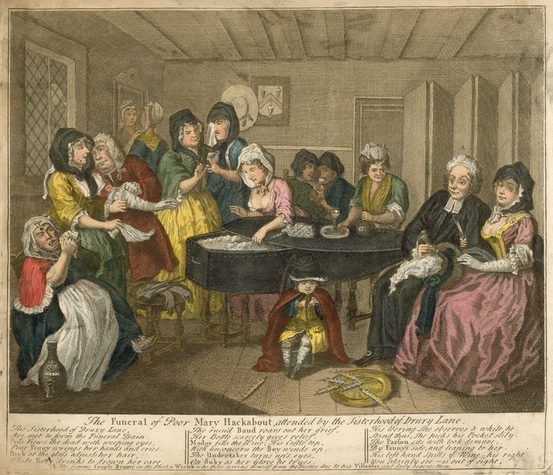 Pohřeb chudé Mary Hackaboutové za účasti sesterstva z Drury Lane od William Hogarth
