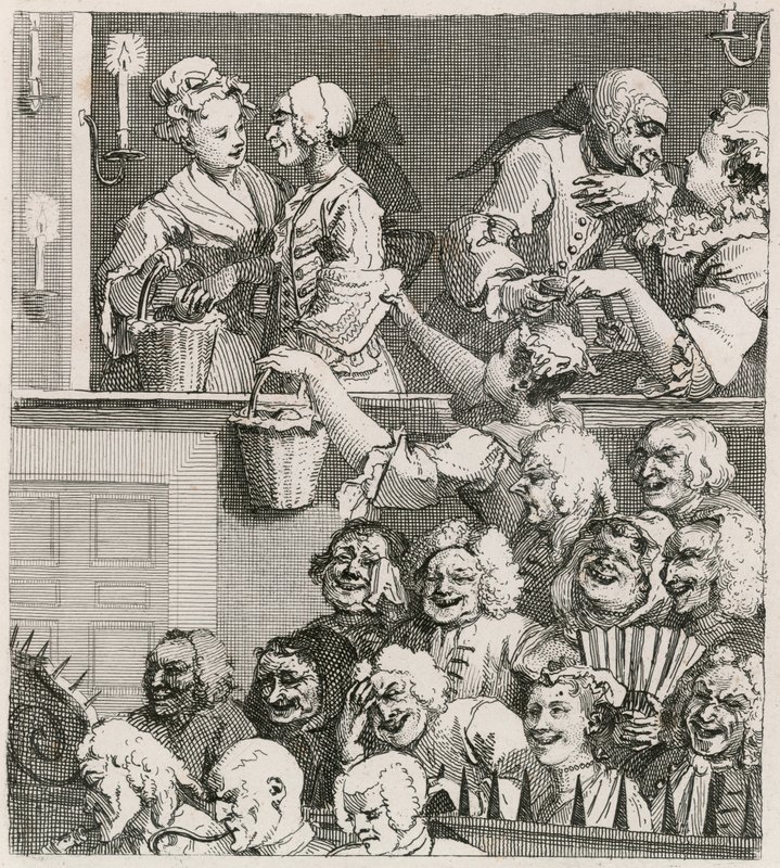 Smějící se publikum. Hogarthův pohled na Drury Lane s oranžovými děvčaty v roce 1733 od William Hogarth
