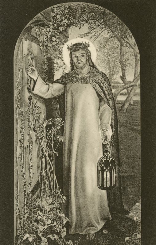 Světlo světa, obraz na Keble College, Oxford, Oxfordshire, zobrazující Krista, jak nese lucernu a klepe na dveře (černobílá fotografie) od William Holman (after) Hunt