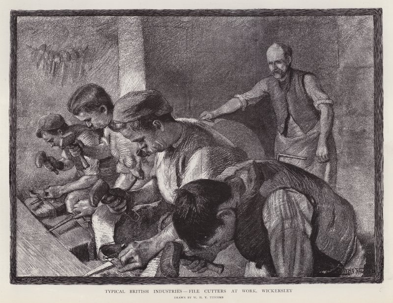 Řezačky pilníků v práci, Wickersley, South Yorkshire (litho) od William Holt Yates (after) Titcomb