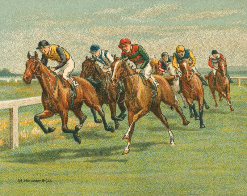 Dostihy historické a moderní, ploché dostihy, koně, moderní (chromolitho) od William Hounsom Byles