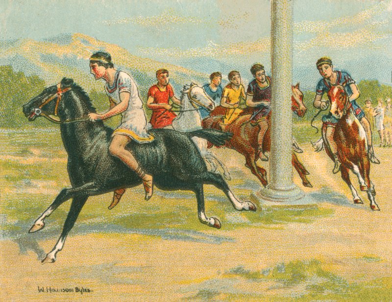 Historické a moderní dostihy, řecké koňské dostihy (chromolitho) od William Hounsom Byles