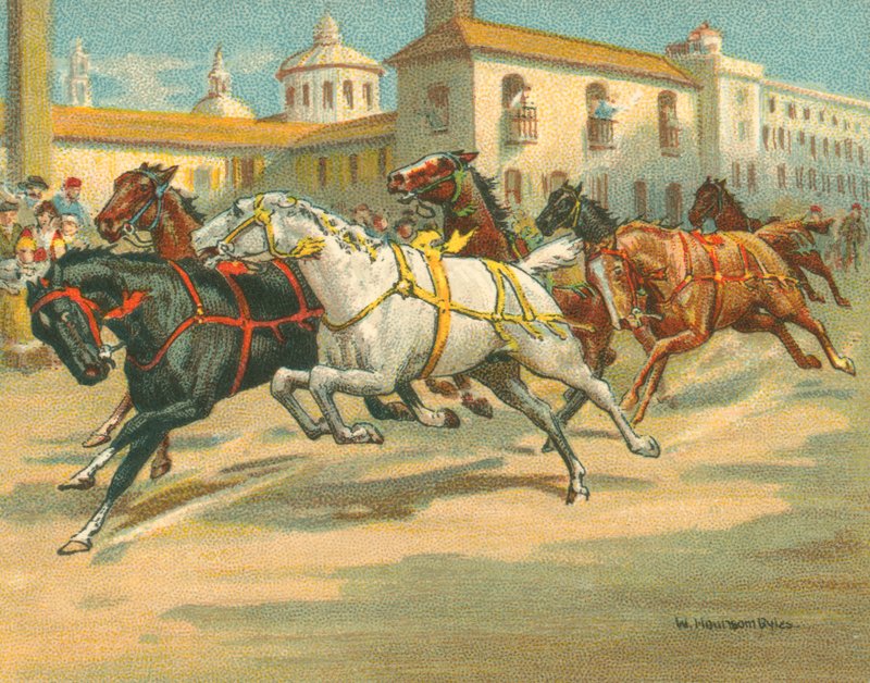 Historické a moderní dostihy bez jezdců v Itálii (chromolitho) od William Hounsom Byles