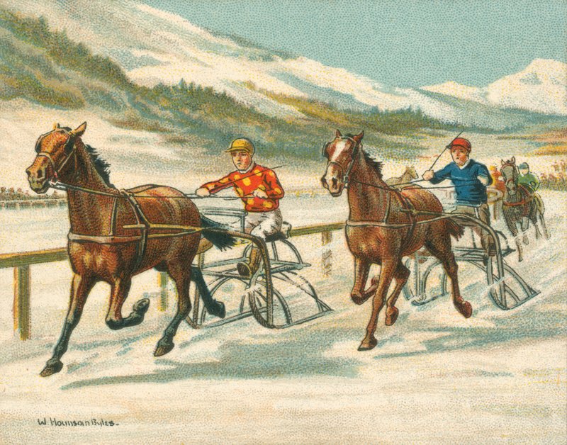 Historické a moderní dostihy, klusácké dostihy na ledě (chromolitho) od William Hounsom Byles
