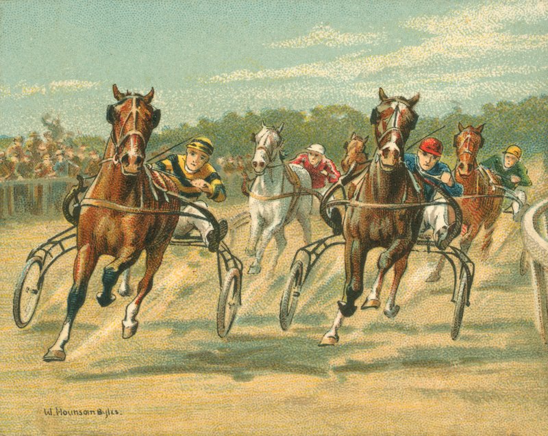 Historické a moderní dostihy, klusácké a krokové dostihy (chromolitho) od William Hounsom Byles