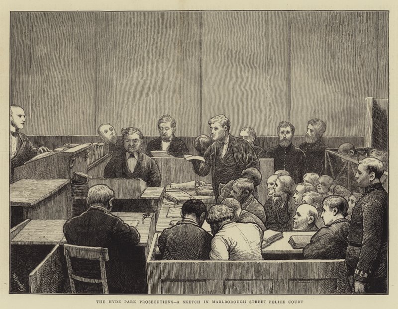 Obžaloba v Hyde Parku, náčrt v Marlborough Street Police Court od William III Bromley