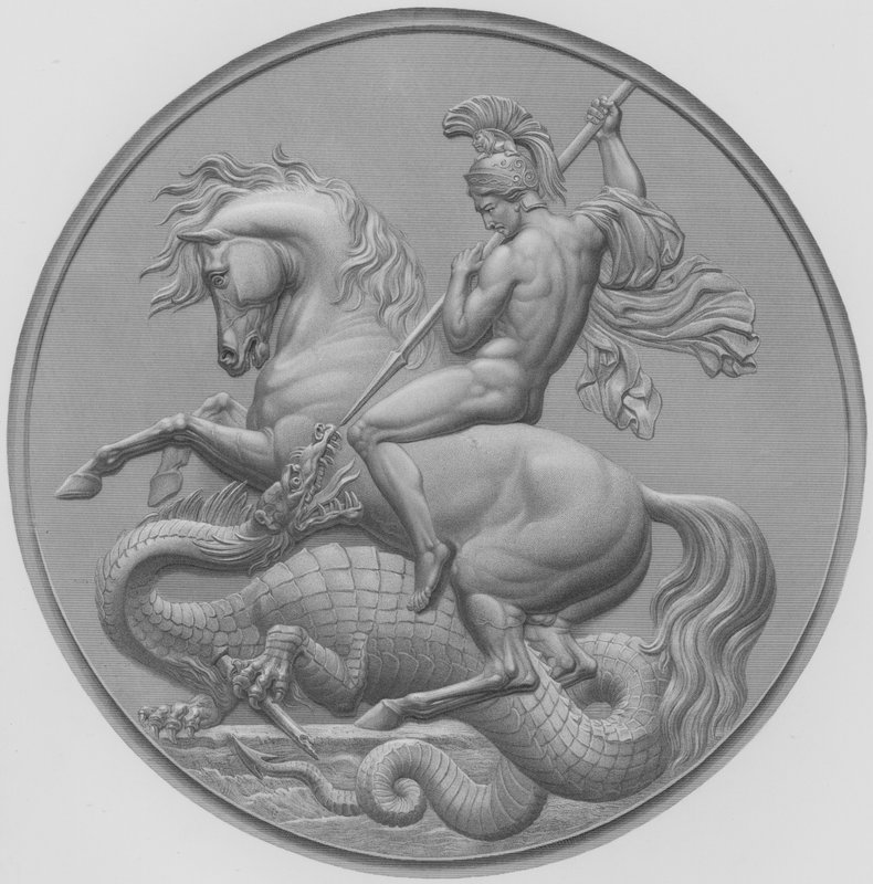 St George, z medaile od W Wyona, RA, popravené pro Jeho královskou Výsost prince Alberta, vyryto W Roffe z kresby F Roffe (rytina) od William John Roffe