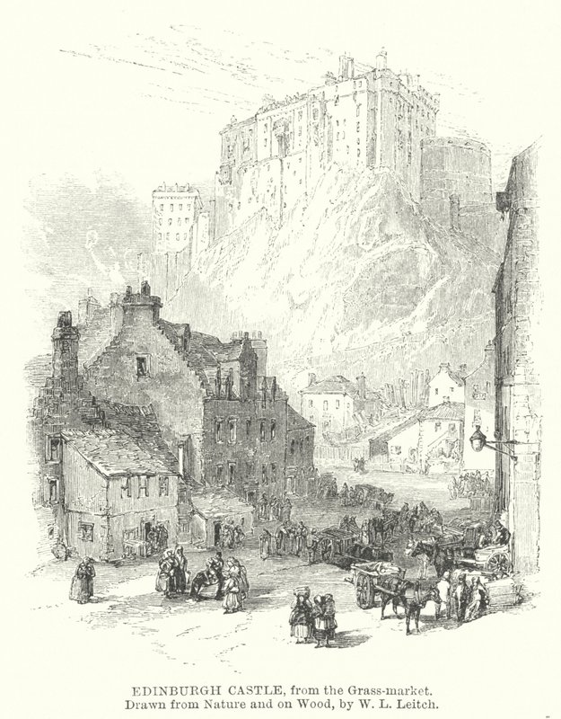 Edinburský hrad, z Grass-market (rytina) od William Leighton (after) Leitch