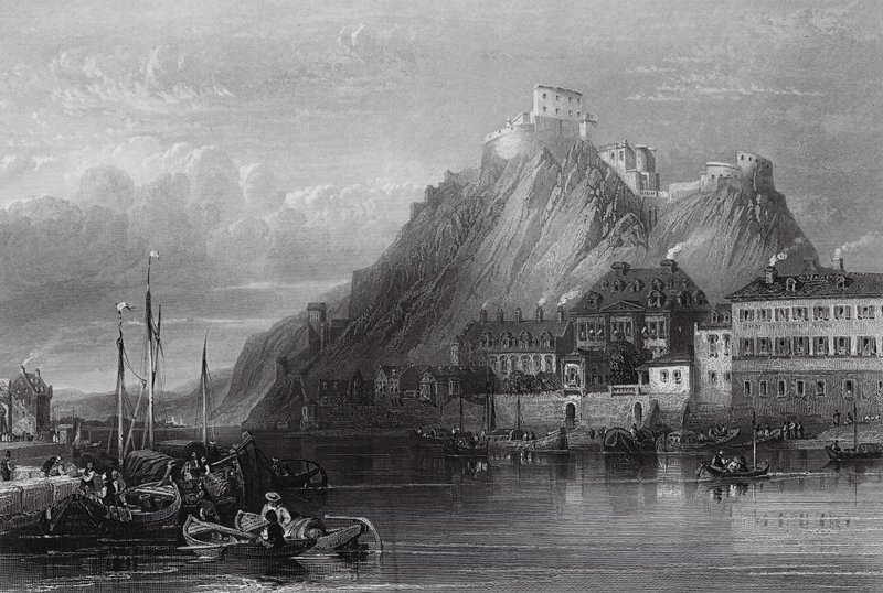 Pevnost Ehrenbreitstein, Rýn (rytina) od William Leighton (after) Leitch