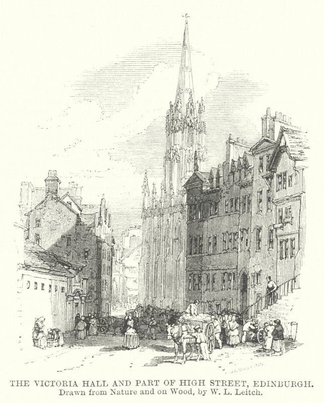 Victoria Hall a část High Street, Edinburgh (rytina) od William Leighton (after) Leitch