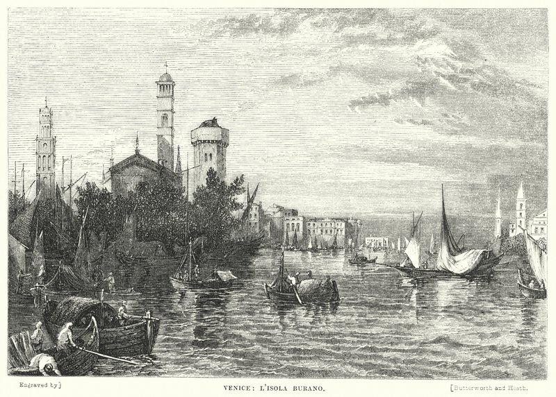 Benátky, ostrov Burano (rytina) od William Linton