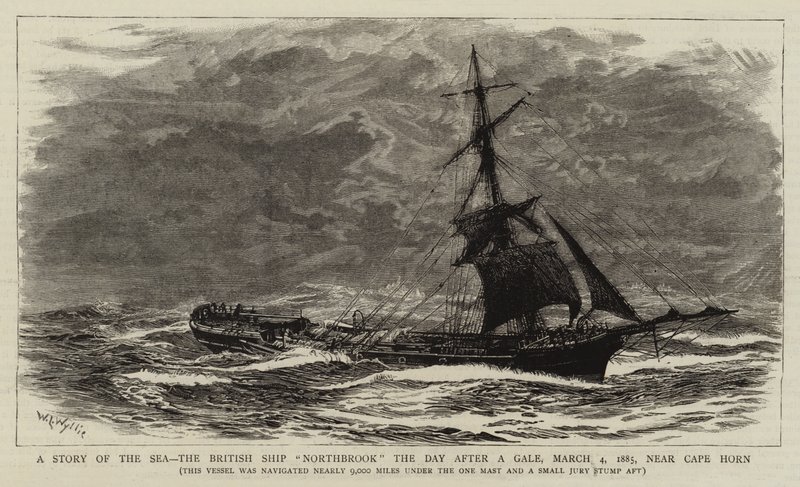 Příběh moře, britská loď Northbrook den po vichřici, 4. března 1885, poblíž mysu Horn od William Lionel Wyllie