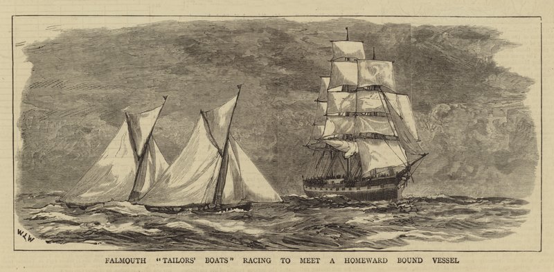 Krejčovské čluny Falmouth závodí, aby potkaly plavidlo vázané domů od William Lionel Wyllie
