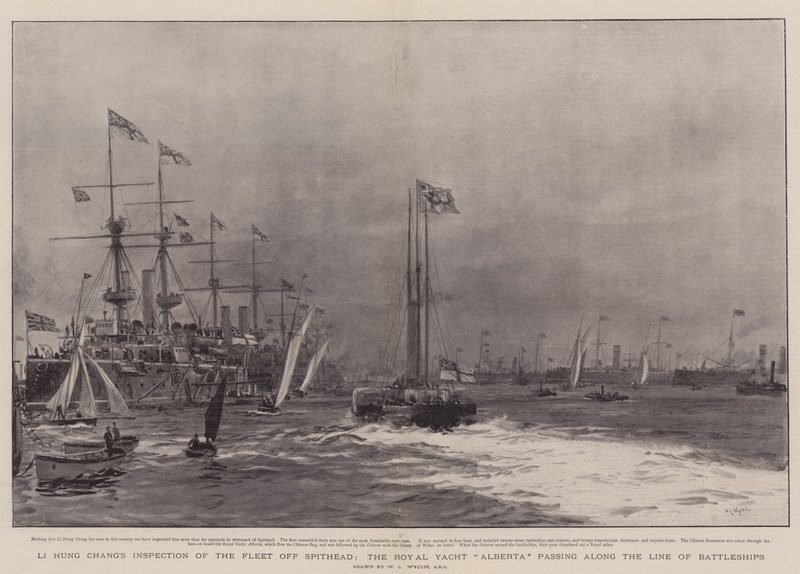 Li Hung Changova inspekce flotily u Spithead, královské jachty Alberta proplouvající podél linie bitevních lodí od William Lionel Wyllie