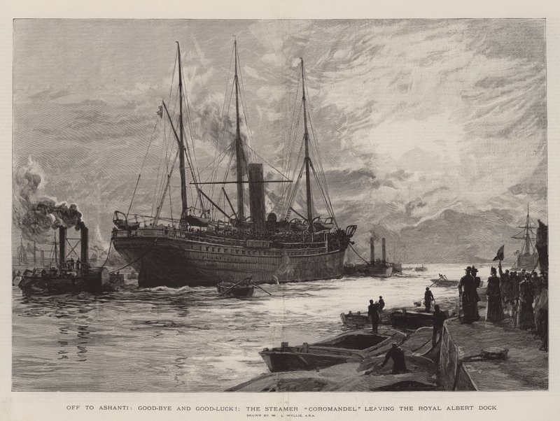 Vydejte se do Ashanti, Good-Bye and Good-Luck!, Parník Coromandel opouští Royal Albert Dock od William Lionel Wyllie