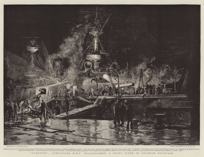 Přesčas, dokončení HMS Magnificent, Noční scéna v Chatham Dockyard od William Lionel Wyllie