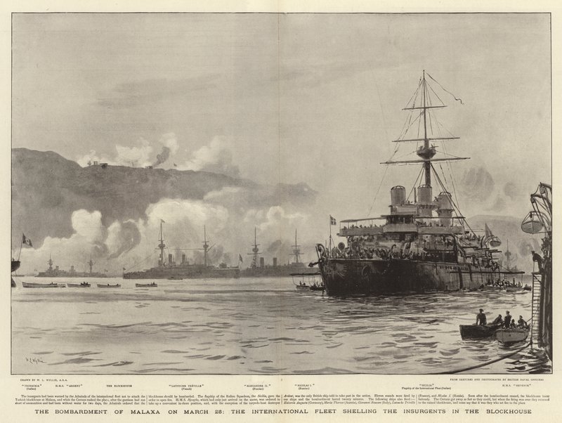 Bombardování Malaxy 23. března, Mezinárodní flotila ostřelující povstalce v Blockhouse od William Lionel Wyllie
