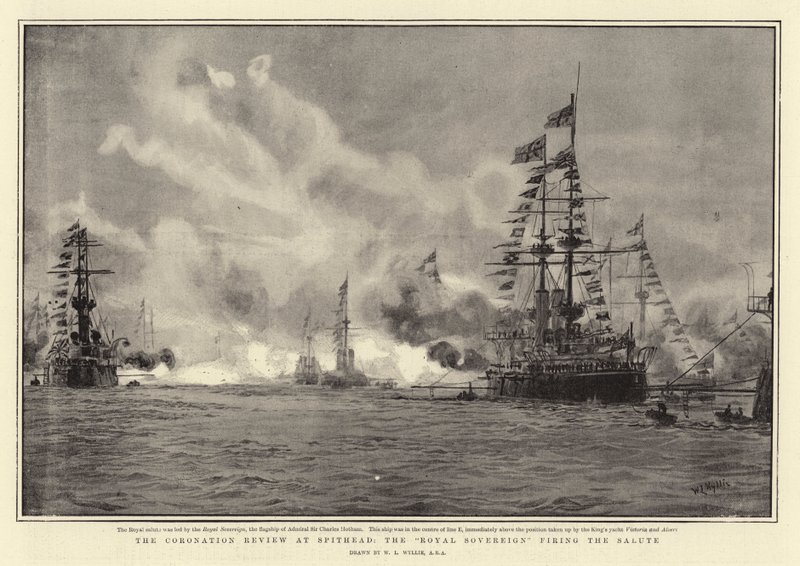 The Coronation Review at Spithead, Royal Sovereign fireing Salute od William Lionel Wyllie