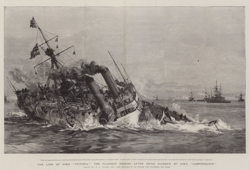 Ztráta HMS Victoria, vlajková loď potopená poté, co byla naražena HMS Camperdown od William Lionel Wyllie