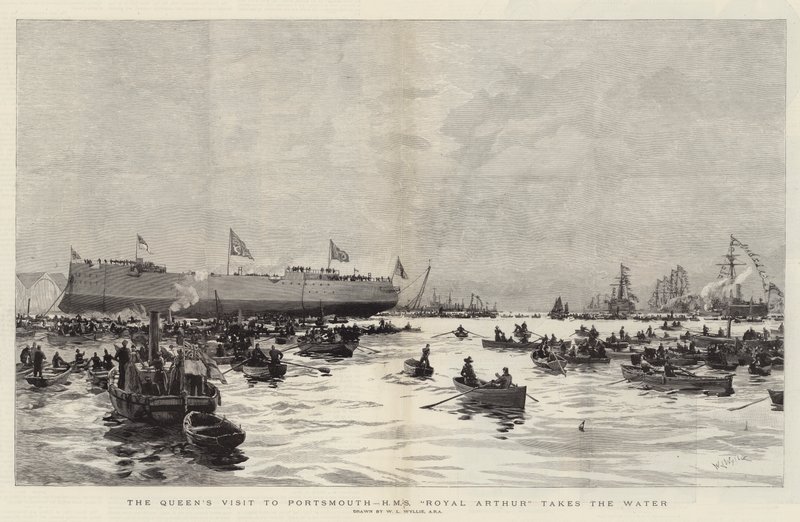 Královnina návštěva v Portsmouthu, HMS Royal Arthur bere vodu od William Lionel Wyllie