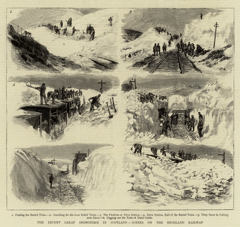 Nedávná velká sněhová bouře ve Skotsku, scény na Highland Railway od William Lionel Wyllie