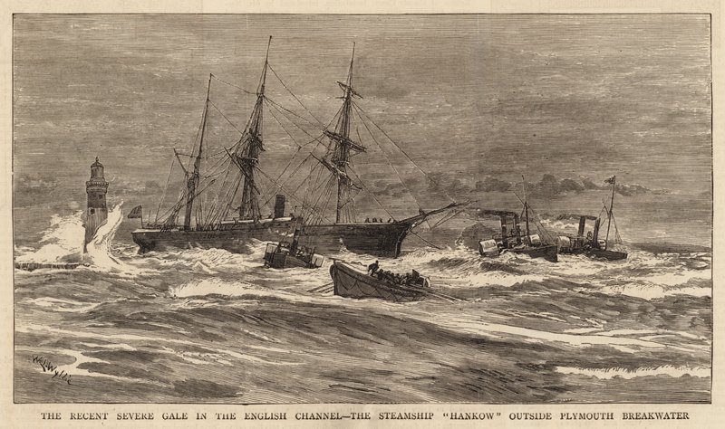 Nedávná silná vichřice v Lamanšském průlivu, parník Hankow mimo Plymouth Breakwater od William Lionel Wyllie