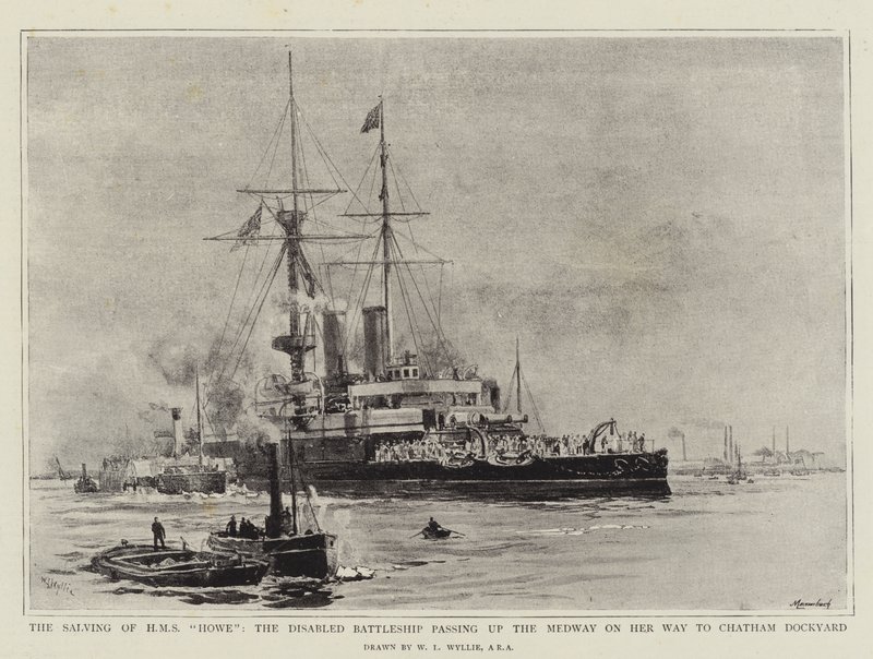 The Salving of HMS Howe, invalidní bitevní loď proplouvající Medway na své cestě do Chatham Dockyard od William Lionel Wyllie
