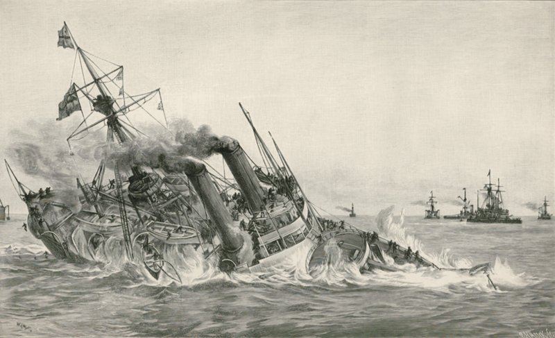 Potopení H. M. S. Victoria po kolizi s H. M. S. Camperdownem od William Lionel Wyllie