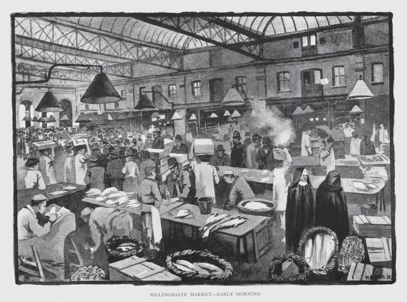 Billingsgate Market, časné ráno (litho) od William Luker