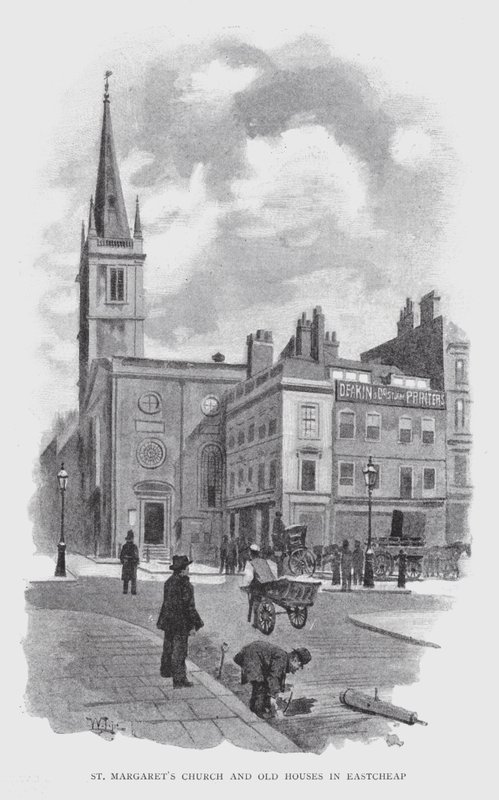 Kostel svaté Markéty a staré domy v Eastcheap (litho) od William Luker