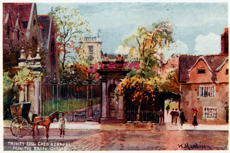 Trinity College, brána a kaple, od Broad St od William Matthison