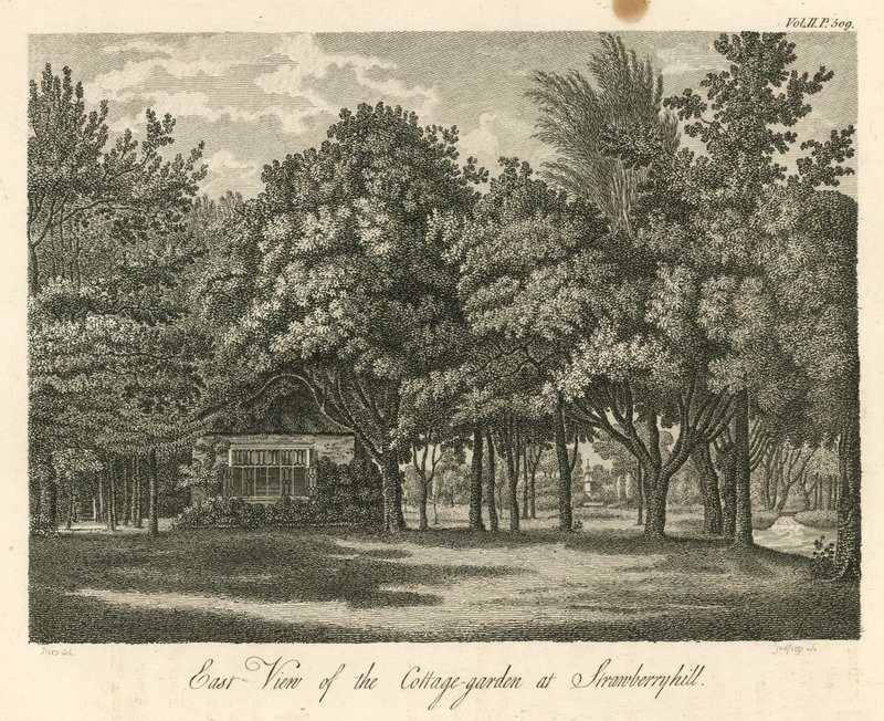 Východní pohled na zahradu chaty v Strawberry Hill, Twickenham, Londýn od William Pars