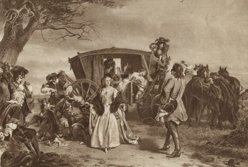 Rodinu zadržel francouzský pirát Claude Duval (litho) od William Powell (after) Frith