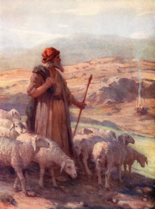 Mojžíš a hořící keř, Exodus iii, 2 (barevná litografie) od William Pratt