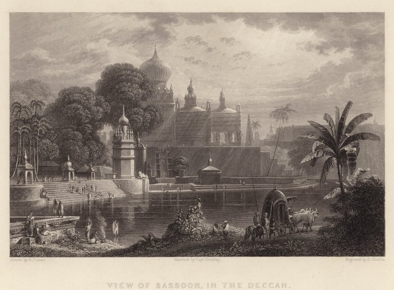 Pohled na Sassoor, v Deccan (rytina) od William Purser