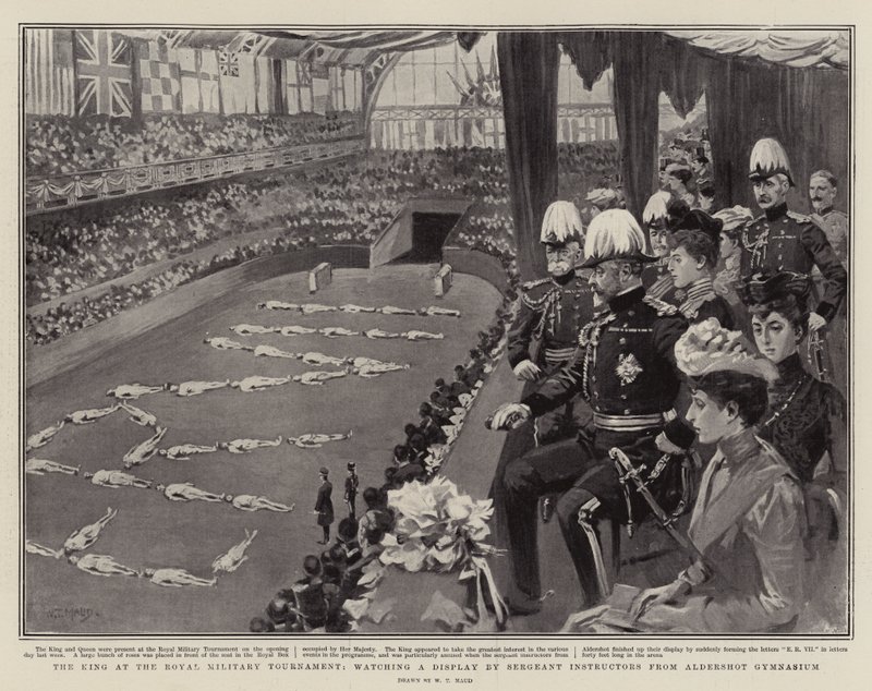 Král na královském vojenském turnaji, sledování ukázky seržantských instruktorů z Aldershot Gymnasium od William T. Maud
